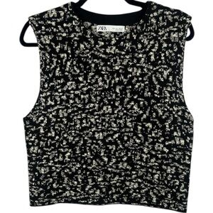 Zara Black Ecru Cotton Blend Sleeveless Round Neck Large Knit Vest Crop Top